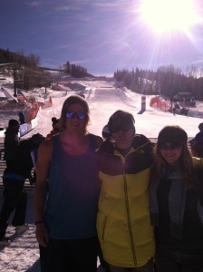 "Mammoth Ski Cross at the Finish of the Telluride Ski Cross World Cup. Left to Right: Tyler Wallasch, Nico Monforte (Cousin of John Teller and SXcompetitor), and Madeline Riffel.