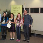 Dr. McAteer and Mr. Rasmuson (left to right): Jeniffer Velazquez (3rd place, Home Street), Grace Griego (2nd Place, Round Valley) and Arianna Pope (1st place, Home Street). 
