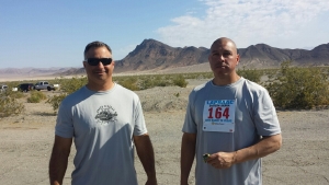 (l-r) Eastern Sierra Baker to Vegas team captain Eric Pritchard (Inyo County Sheriff Deputy) and MLPD officer Ruben Ramos just before Ruben's run.