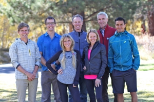 Back left to right: Tim Tollefson, Mammoth Hospital Physical Therapist and ASICS Mammoth Track Club runner, Pete Clark, MD, Mammoth Hospital Family Medicine and Orthopedics; ASICS Mammoth Track Club Medical Director,  Andrew Kastor, ASICS Mammoth Track Club Coach, Gary Myers,  Mammoth Hospital CEO, Daniel Tapia, ASICS Mammoth Track Club runner. Front: ASICS Mammoth Track Club runners Lauren Kleppin, and Deena Kastor. 