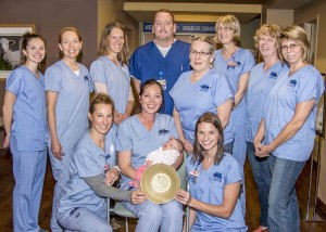 The Northern Inyo Hospital Perinatal Services Team with the Golden Nugget Award. Back row, left to right: Julie Core, Darlene Whiteside, Lori Gable, Dan David, Rhonda Aihara, Eva Judson, Maura Richman and Anneke Bishop. Front row: Megan Scott, Lindy Butler with her daughter Haddie (a NEST baby), and Natalie Marcus. Not shown: Ali Feinberg, Lisa Cobb, Gretchen Schumacher and Bree Trimble. Photo courtesy Bob Rice