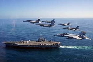 151020-N-ZZ999-001 PACIFIC OCEAN (Oct. 19, 2015) U.S. Naval aircraft and aircraft from the Chilean Air Force participate in a fly-by adjacent to aircraft carrier USS George Washington (CVN 73). UNITAS 2015, the U.S. Navy's longest running annual multinational maritime exercise, is part of the Southern Seas deployment planned by U.S. Naval Forces Southern Command/U.S. 4th Fleet. This 56th iteration of UNITAS is conducted in two phases: UNITAS Pacific, hosted by Chile, Oct. 13-24, 2015 and UNITAS Atlantic, hosted by Brazil scheduled for November. (U.S. Navy photo by Lt. j.g. David Babka/Released)