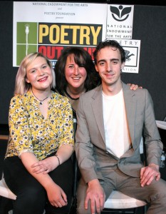 From left, Kate Wilson, Mono County's Poetry Out Loud winner, Mammoth Lakes Repertory Theatre's Artistic Director and host Shira Dubrovner, and Lance Warner, the runner up. Photo/Aleksandra Mendel