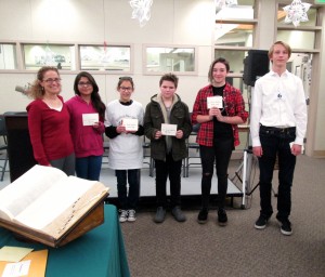  Last Person Standing from each school district (left to right): Margee Neer of Altrusa, Angelica Mendoza of Lo-Inyo, Clarissa Castro of Owens Valley, Tyler Mahlum-Hambleton of Big Pine, Hana Hogan of Round Valley and Ace Selters of Home Street 