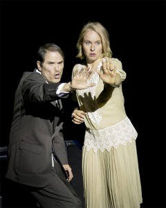 Billy Flynn (Ron Valenzuela) and Roxie Hart (Danielle Kuhl) practicing for her trial