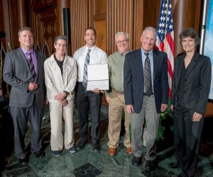 From right to left: Janet McCabe, EPA acting Assistant Administrator for the Office of Air and Radiation Ted Shade, Retired Air Pollution Control Officer, Chris Lanane, Air Monitoring Specialist Phillip L. Kiddoo, Air Pollution Control Officer Grace Holder, Senior Scientist Nik Barbieri, Director of Technical Services Photo Credit: EPA 