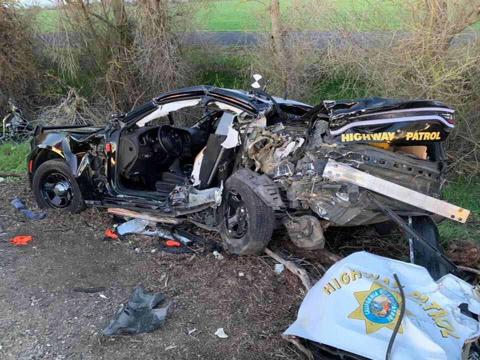 CHP patrol vehicle demolished in crash