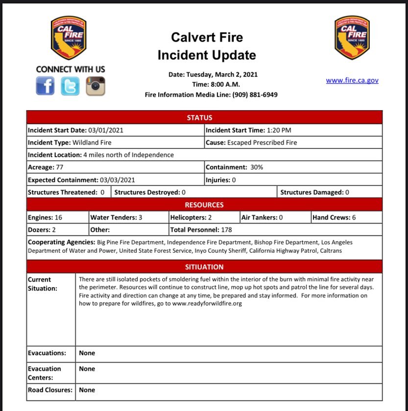 Calfire incident in Big Pine