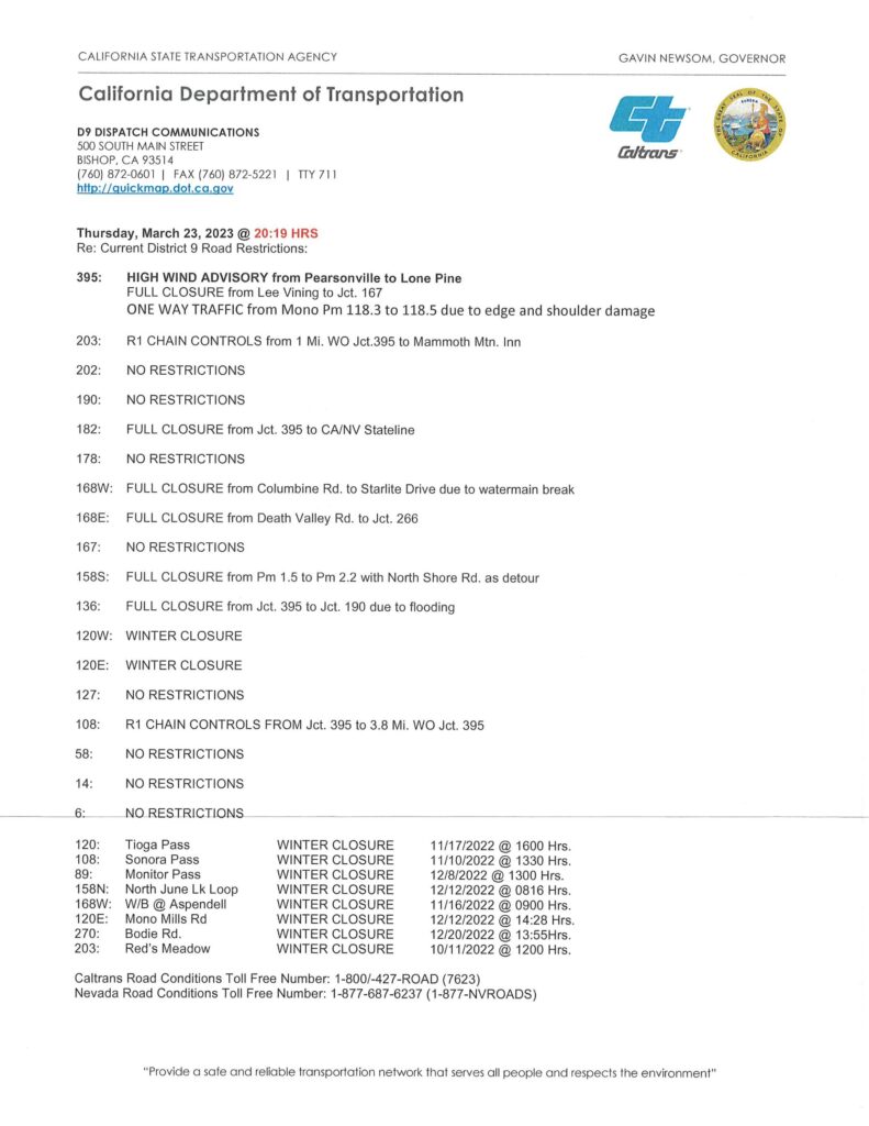 CALTRANS ROAD CONDITIONS UPDATE U.S.395 MARCH 23 845 PM