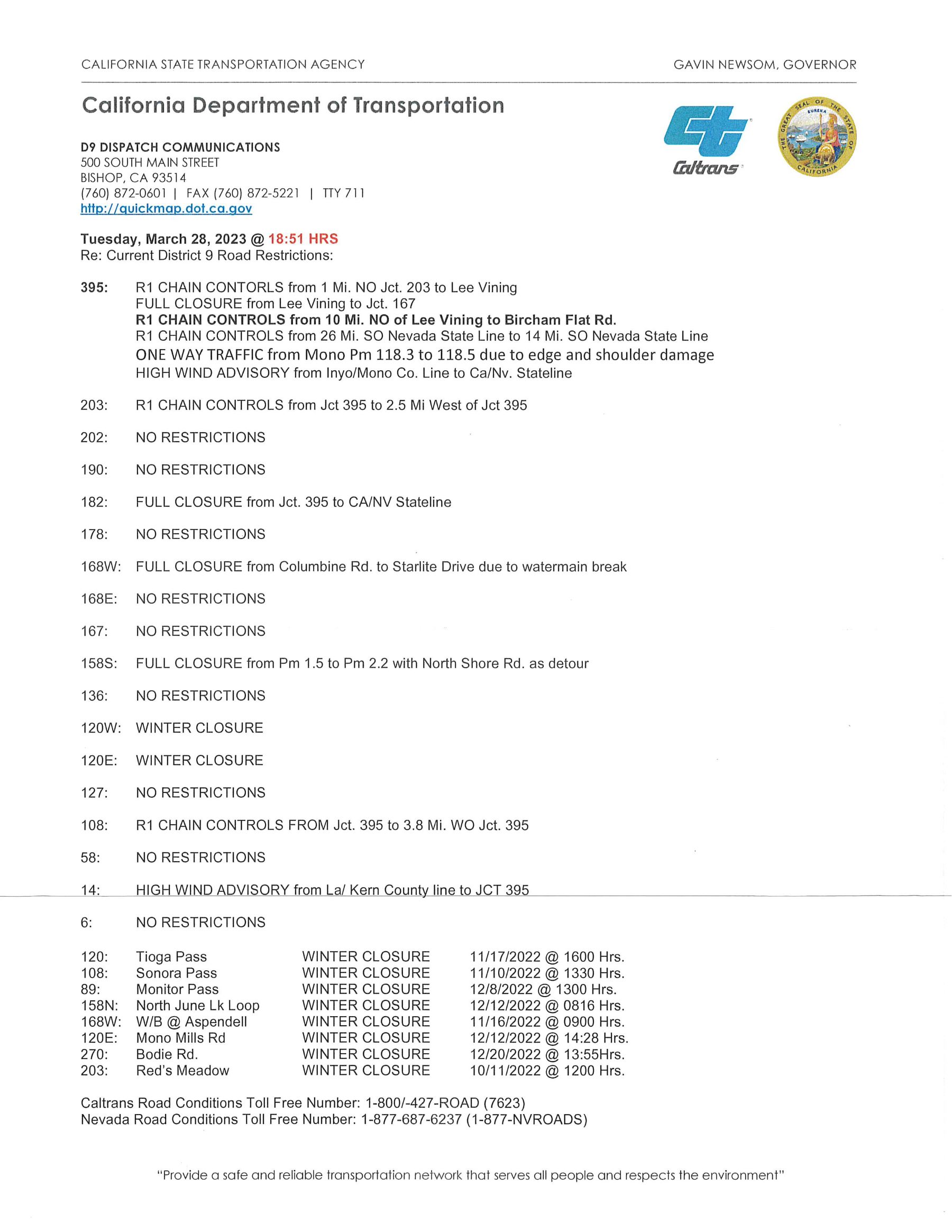 CALTRANS ROAD CONDITIONS US 395 MARCH 28 700 PM