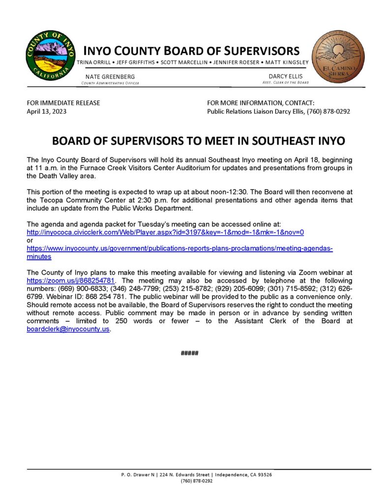 PRESS RELEASE Annual Southeast Inyo Meeting