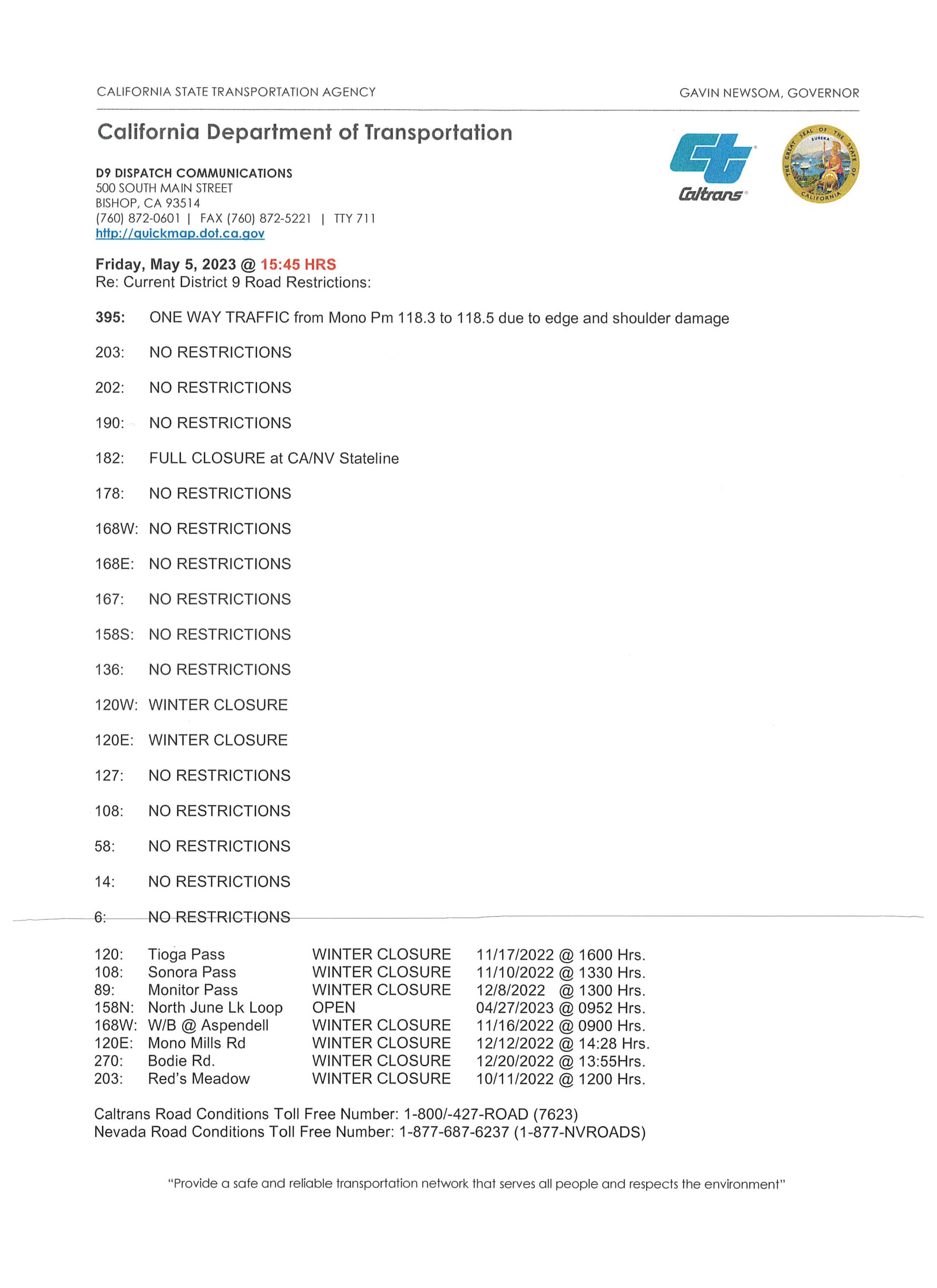 Caltrans road conditions update us 395 reopened by olancha may 5 4