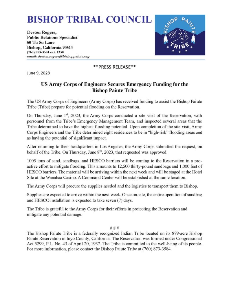 US Army Corps of Engineers Secures Emergency Funding for the Bishop Paiute Tribe