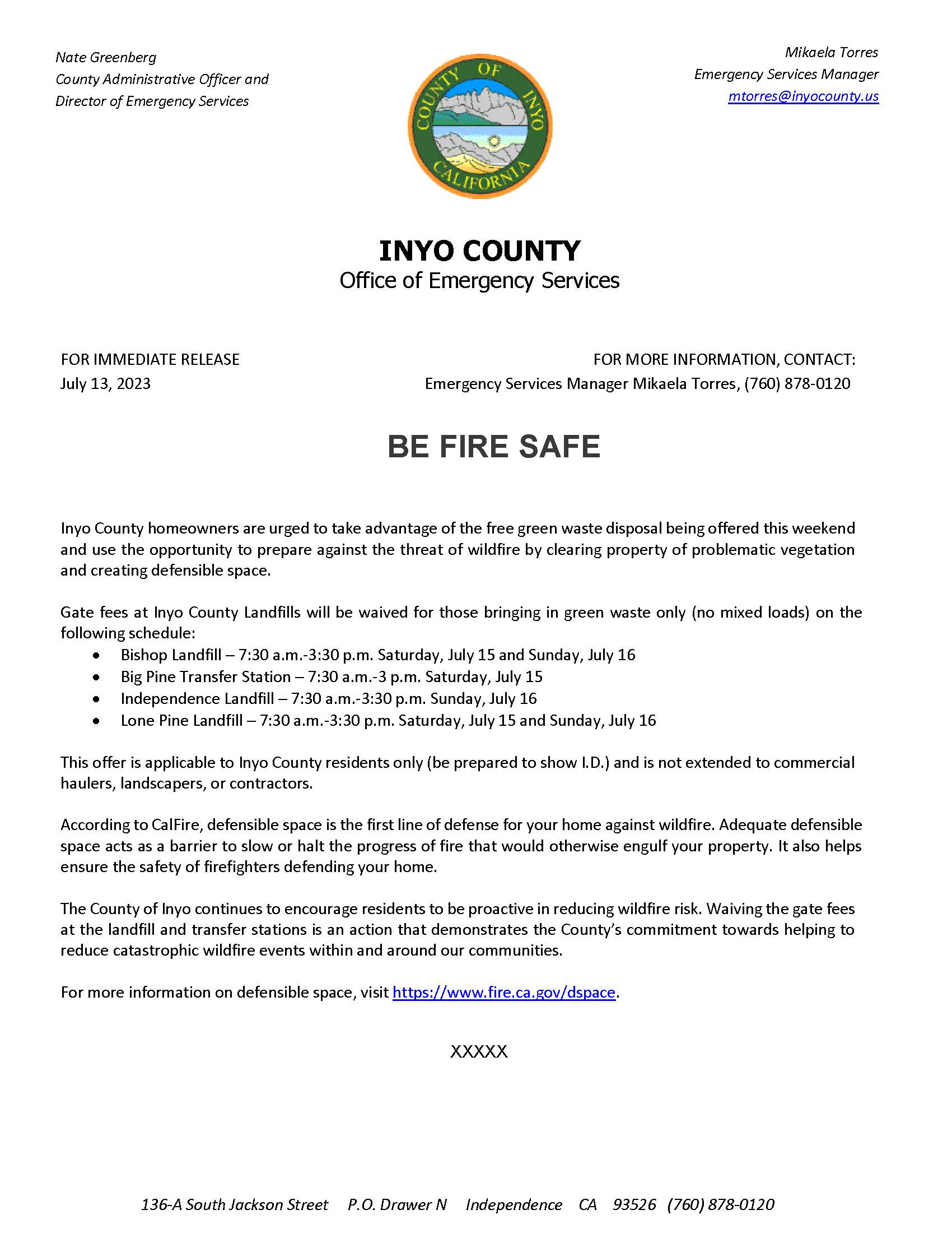 Inyo County PSA Be Fire Safe Free Green Waste Disposal Days