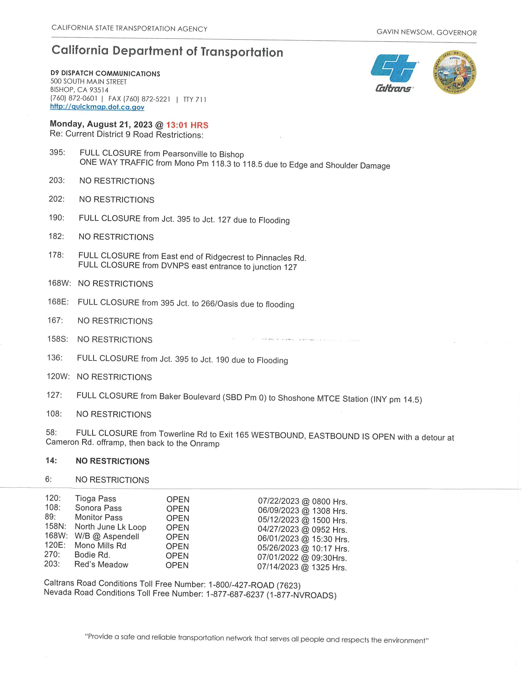 Caltrans road conditions update route 14 august 21 1 00 pm sierra