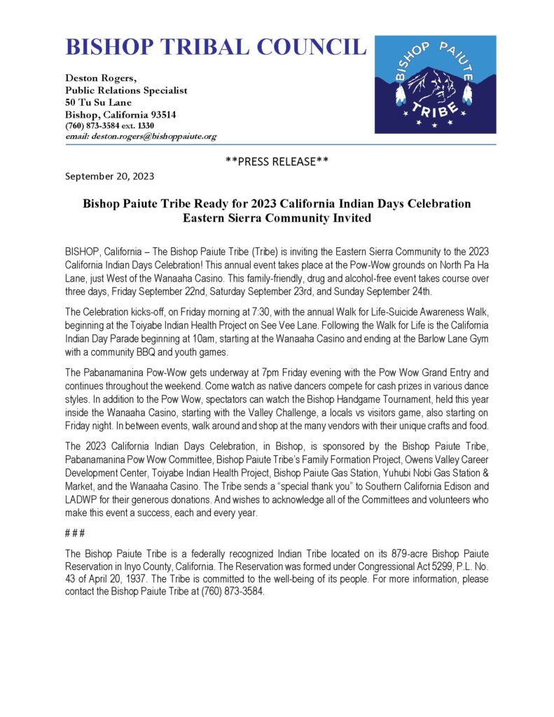 CA Indian Days Celebration Press Release Bishop Paiute Tribe