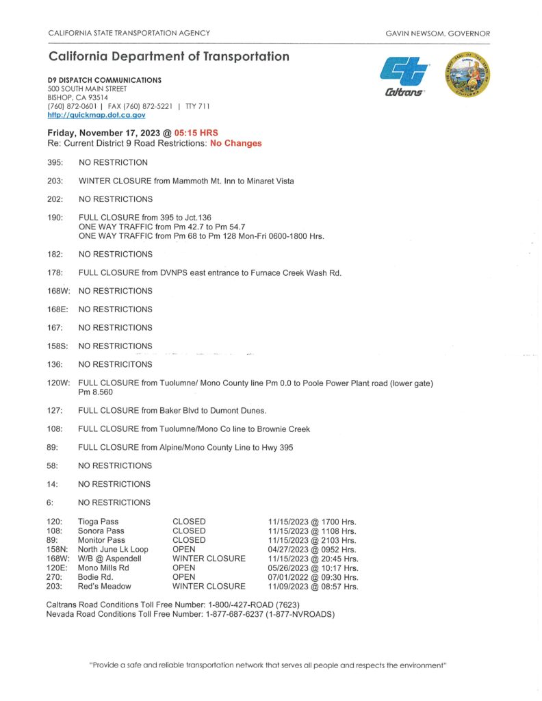 Caltrans road conditions november 17 5 15 am sierra wave eastern