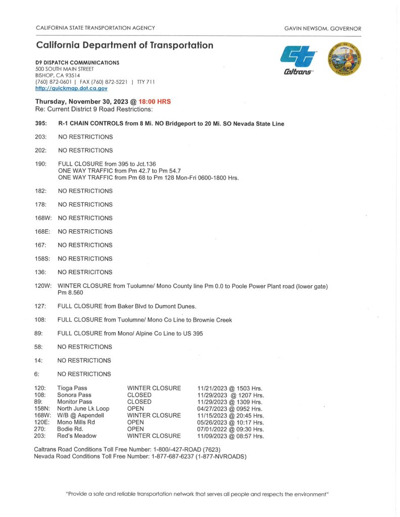 Caltrans road conditions november 30 6 00 pm us 395 sierra wave