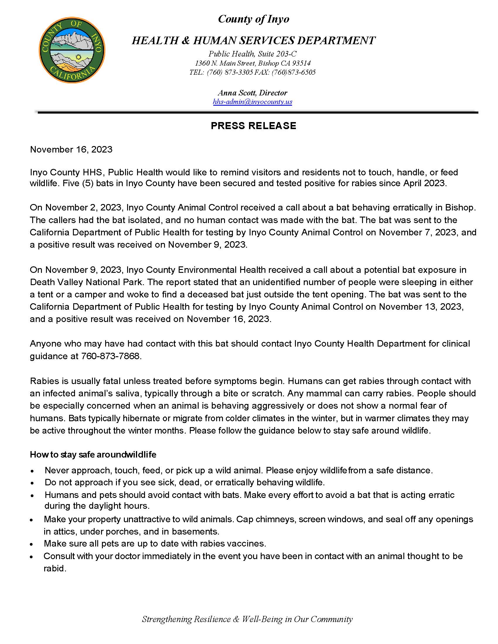 Inyo County HHS Dept. Press Release 5 Bats Tested Positive for Rabies
