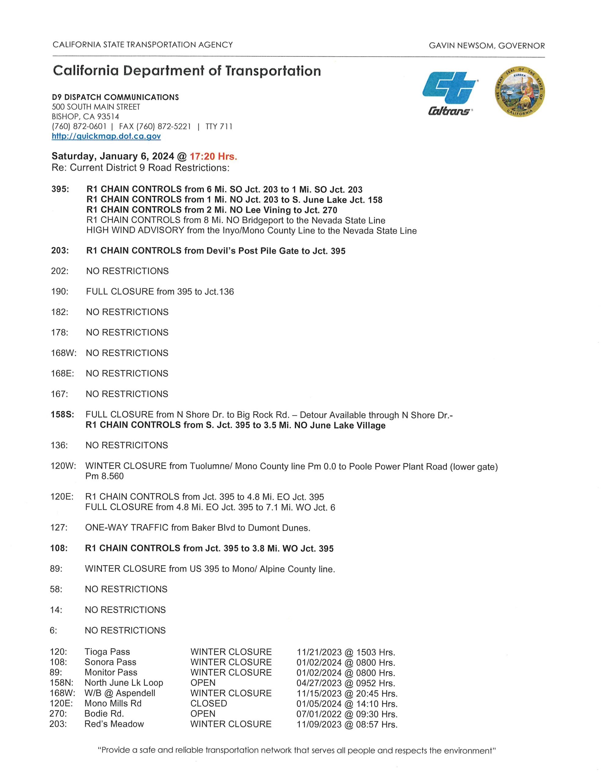 Caltrans Road Conditions January 6 530 PM 395, 203, 158S, 108