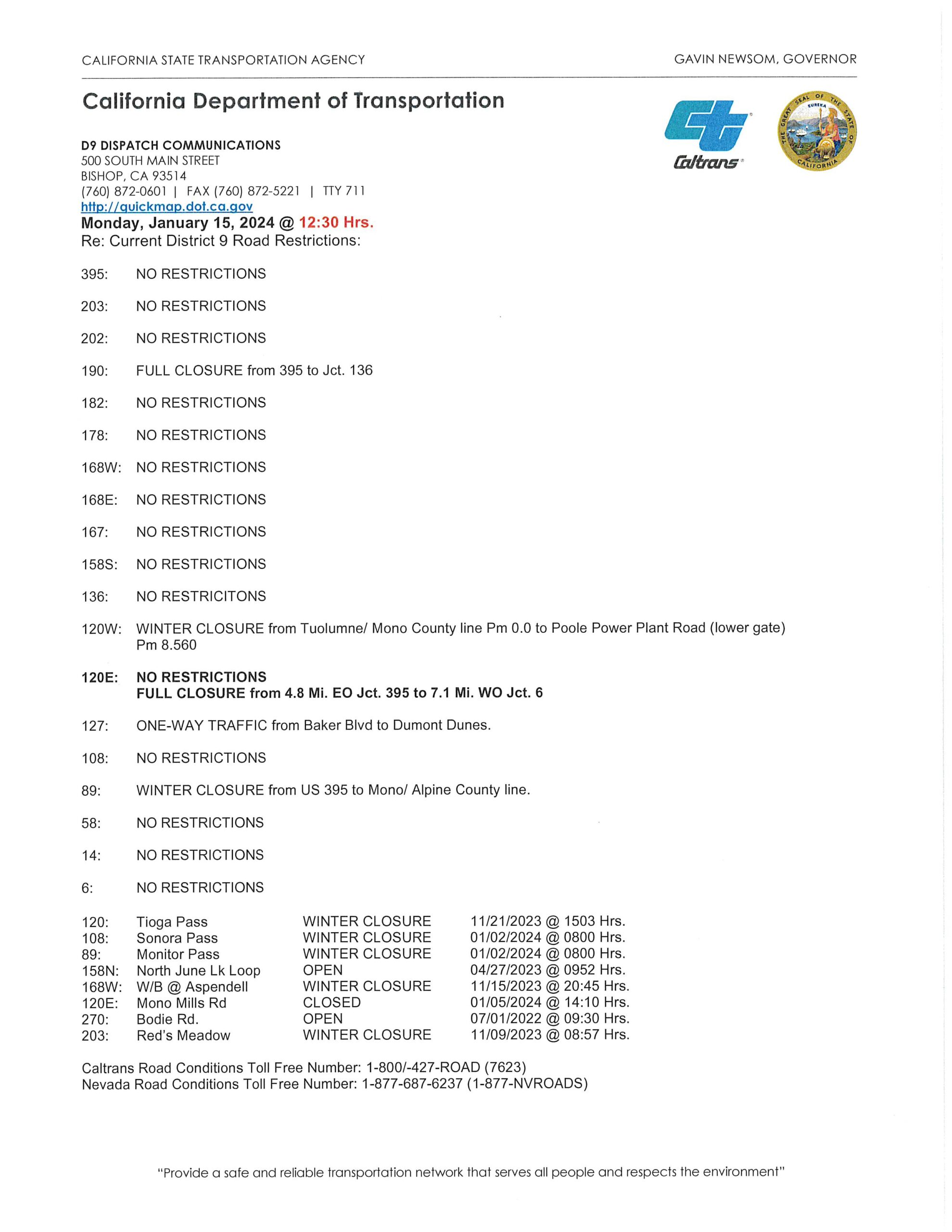 Caltrans road conditions january 15 12 30 pm 120e