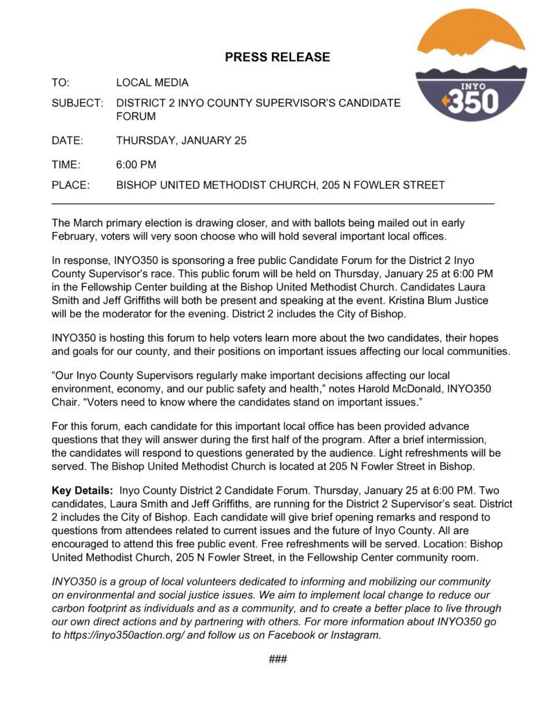 INYO350 D2 Candidate Forum Press Release 2024 1